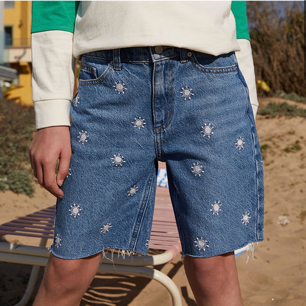 PacSun Kids Medium Blue Sun Embroidery Long Denim Shorts